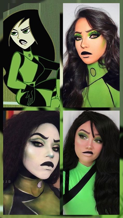 Kim Possible Villain Costume, Shego Cosplay Makeup, Shego Halloween Makeup, Kim Possible Characters Costume, Shego Costume Makeup, Halloween Costumes For Long Black Hair, Plus Size Shego Costume, Sheego Makeup, Shego Costume Black Woman