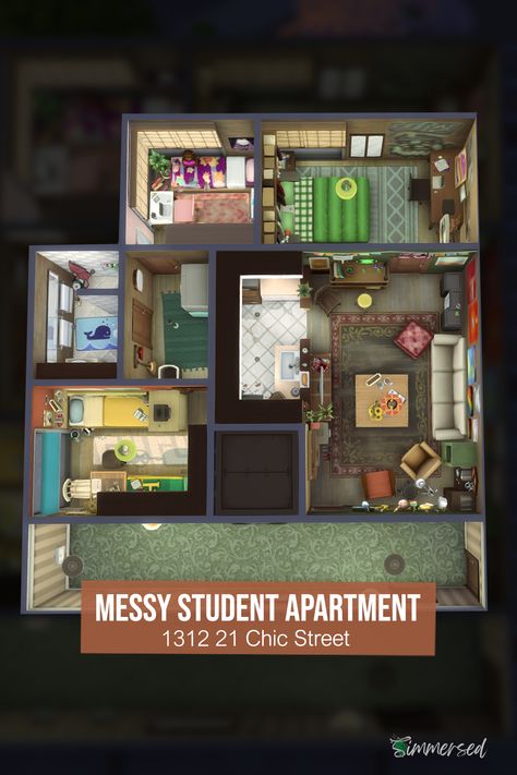 A home for 5 students who are a little messy and the apartment is a little grungy! I hope Penny Pizzazz never visits because she'll be horrified! LOL yes I fit 3 bedrooms into 1312 21 Chic Street and one's even a double room. I really enjoyed creating this floor plan! #thesims4 #simsbuild #showusyourbuilds #sims4maxismatch #sims #ts4 #thesims4apartment #sims4floorplan #sims4tinyapartment Sims 4 Penny Pizzazz Apartment, Sims 4 Poor Apartment, Penny Pizzazz Apartment, The Sims 4 Apartment Floor Plans, Crappy Apartment Aesthetic, Sims 4 Small Apartment, 1310 21 Chic Street Sims 4 Layout, Sims 4 Poor House, Sims 4 Apartment Layout City Living