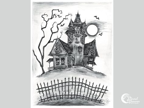 Haunted House - Traditional pen and ink drawing with added ink wash. This is an original illustration by me, Emily Overman.  ITEM DESCRIPTION -8.5"x11" -Epson Premium paper -Unframed art print I order all of my art prints from Giclée Today, and they come individually wrapped in a sealed, protective bag. This print is printed on Epson Premium paper, which has a texture like watercolor paper. Giclée prints are printed using the highest quality inks and papers. Once your order is placed, this product will be printed and shipped to you directly from the printing studio. COPYRIGHT: I retain all copyrights to my artwork. Spooky House Drawing Easy, Haunted Houses Drawing, Haunted House Drawings, Halloween House Drawing, Glicee Art, Gothic Art Prints, Haunted House Drawing, Simple House Drawing, House Traditional