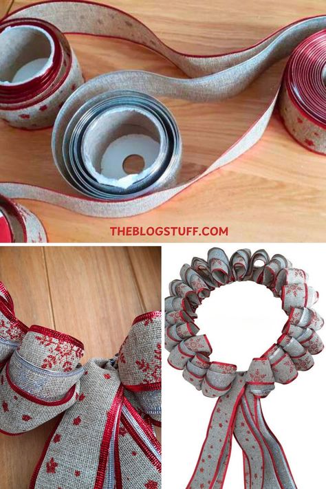 Christmas ribbon wreath with red and beige wire ribbon, perfect for holiday decor. Ribbon Wire Wreath Diy, Yarn And Ribbon Wreath Tutorial, Ribbon Wreath Tutorial Step By Step, Ribbon Wreath Diy Tutorial, Decorate Your Door For Christmas, Easy Ribbon Wreath, Make A Ribbon Wreath, Wire Ribbon Wreath, Ribbon Wreath Tutorial