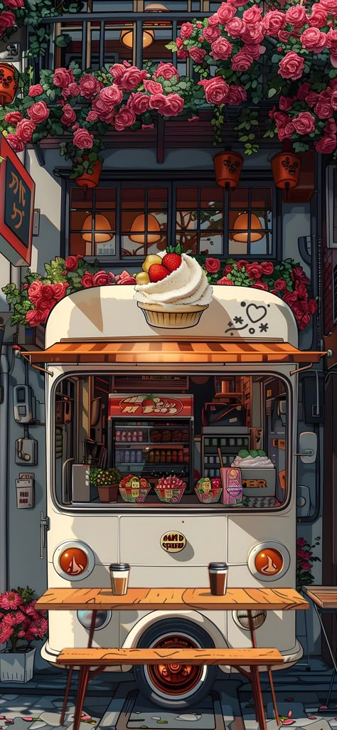 Anime Cafe Aesthetic Wallpaper, Flats Design Interior, Whimsical Art Wallpaper, In Depth Wallpaper, Cafe Wallpaper Aesthetic, Cafe Art Illustration, Phone Booth Drawing, Kawaii Food Wallpaper, Food Iphone Wallpaper