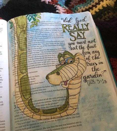 And just like that, I’m back in Genesis...the servant described in Genesis 3 always reminded me of Kaa from jungle book...both shrewd and conniving #biblejournaling #disneybiblejournaling Genesis 3 Bible Journaling, Bible Journaling Ideas Notebooks, Bible Journaling Aesthetic, Genesis Art, Usernames Ideas, Bible Journaling Ideas, Journaling Aesthetic, Bible Journaling For Beginners, Bible Journals