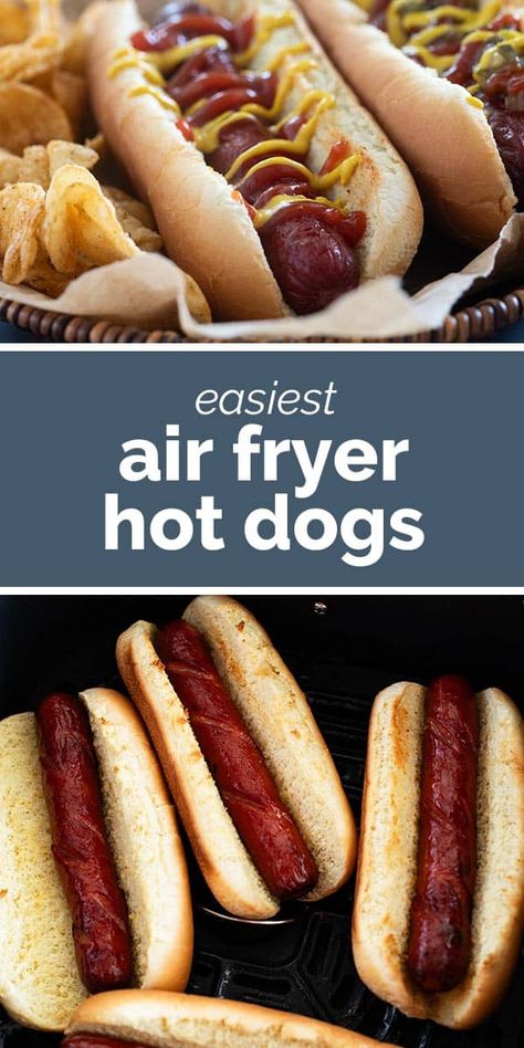 The best way to cook hot dogs, these Air Fryer Hot Dogs are crisp on the outside and hot and juicy in the middle. This method is fast, easy, and will make you never want to cook a hot dog another way! Cooking Hot Dogs, Air Fryer Hot Dogs, Fried Hot Dogs, Elote Recipe, Fried Recipes, Creamy Pesto Pasta, Creamy Pesto Sauce, Hot Dog Toppings, Family Friendly Recipes