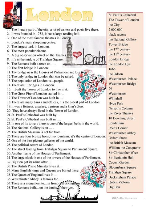 Places of interest in London. worksheet - Free ESL printable worksheets made by teachers Geography For Kids, English Activities, Writers And Poets, English Reading, English Worksheets, Teaching Jobs, Education English, Esl Worksheets, Educational Websites