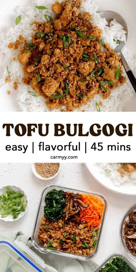 You won't believe how easy it is to make this tofu bulgogi comes with a few simple ingredients! It comes together quickly in a few short steps, making it perfect for a weeknight meal. Crumbled tofu cooked in a sweet, salty, and savory sauce, this tofu bulgogi has all the same flavors as traditional bulgogi! Vegan Beef Bulgogi, Easy Stove Top Meals Vegetarian, How To Use Tofu In Recipes, Bulgogi Tofu Recipe, Tofu Dishes Healthy, Tofu Lunch Ideas For Work, Easy Simple Vegan Recipes, Tofu Comfort Food, Tofu Hot Pot