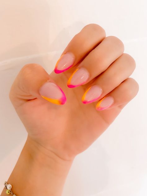 Almond shape with a nude base with orange and pink re French tips Pink And Orange French Tip Nails, Pink And Orange French Tip, Orange French Tip, Simple Cute Nails, Colored French Tips, Nail Tip Designs, Cute Nail Ideas, Choppy Bob Hairstyles, Pretty Nail Designs