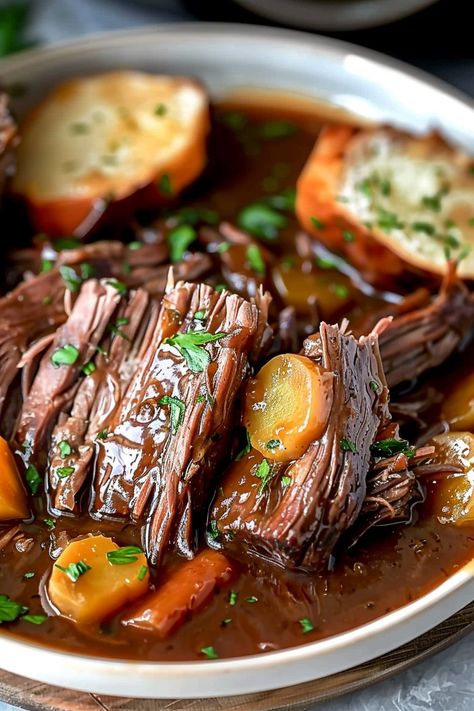 Slow cooker pot roast with vegetables in gravy Crockpot Pot Roast Recipes Slow Cooker, Pot Roast And Gravy Slow Cooker, Pot Roast Without Potatoes, Traditional Pot Roast Slow Cooker, Creamy Pot Roast Slow Cooker, Slow Cooker Pot Roast With Gravy, Pot Roast Crock Pot Recipes With Gravy, Crockpot Pot Roast Slow Cooker, Best Pot Roast Crock Pot Recipes