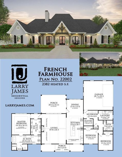 Open floor plan with 2382 sq. ft. of heated space. Check out more details at https://www.larryjames.com/plan/22002/ 2500 Sq Ft Cottage House Plans, 2600 Sq Ft House Plans Open One Story, 1 Story Floor Plans Open Concept, 2000 Sq Ft Craftsman House Plans, Floor Plans With Kitchen In Front Layout, House Plan With Kitchen In Front Layout, House Plans 2200 Sq Ft Open Floor, 2500 Sq Ft Ranch House Plans, Open Floor Plans Layout