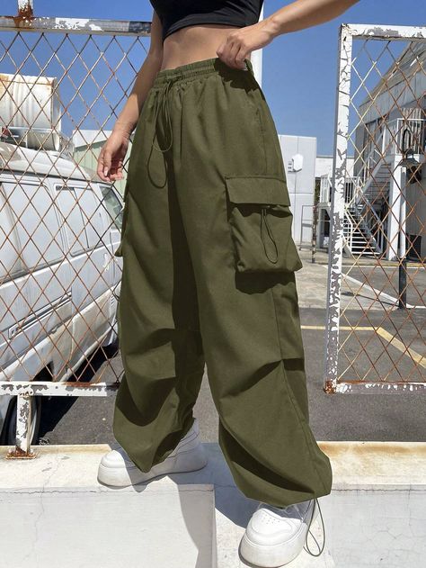 SHEIN Coolane Black Flap Pocket Side Drawstring Waist Parachute Cargo PantsI discovered amazing products on SHEIN.com, come check them out! Parachute Cargo, Women Pants, Cargo Pants Women, Streetwear Women, Flap Pocket, Eos, Army Green, Drawstring Waist, Cargo Pants