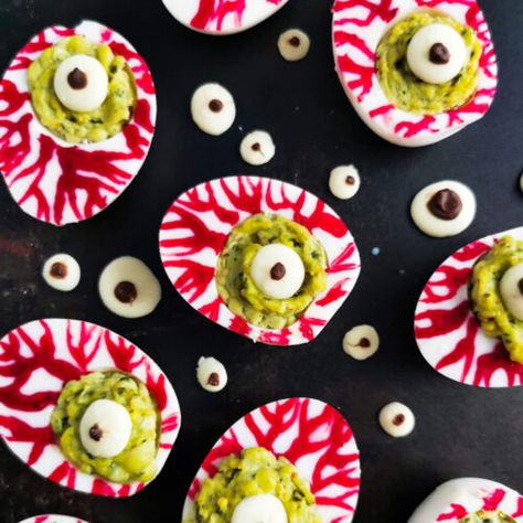 Halloween Deviled Eggs - Oh Sweet Cultureshock Halloween Deviled Eggs, Homemade Basil Pesto, Easy To Make Appetizers, Homemade Mayonnaise, Deviled Eggs Recipe, Eggs Recipe, Red Food Coloring, Basil Pesto, Red Food