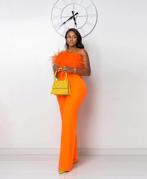 Wedding Guest Two Piece Outfit, Orange 2 Piece Outfit, Plain Material Styles For Ladies, Orange Jumpsuit Outfit, Material Styles For Ladies, Birthday Outfits Black Women, Classy Dinner Outfits, Birthday Outfits Black, Material Styles