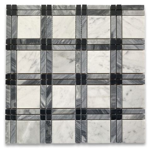 Carrara White Plaid Tartan w/ Gray and Black Marble Mosaic Tile Honed - Stone Center Online Square Mosaic Tile, Marble Square, Penny Tile, Best Floor Tiles, Nero Marquina, Black And White Tiles, Marble Mosaic Tiles, Mosaic Flooring, Marble Mosaic