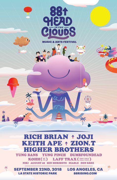 Head In The Clouds Poster, Fun Event Poster, Clouds Graphic Design, Fun Poster Design, Head In The Clouds Festival, Giveaway Design, Music Concert Poster, 88 Rising, Heads In The Clouds