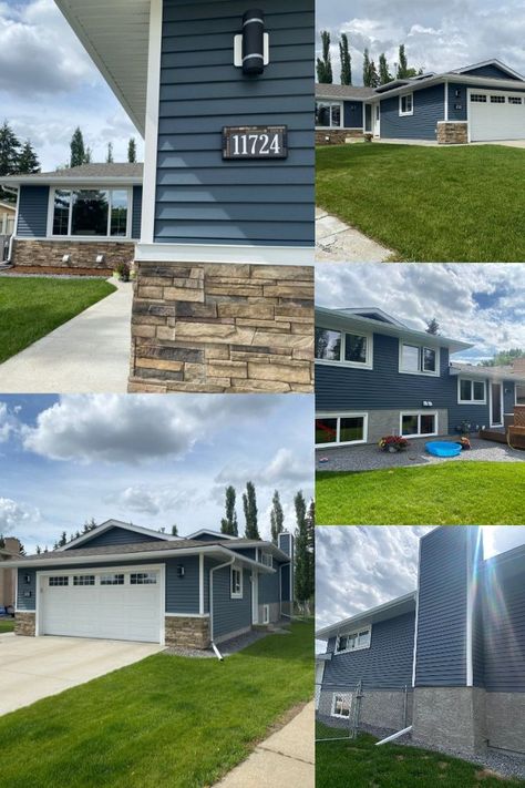 Midnight Surf Vinyl Siding, Versetta Stone Exterior, Blue Vinyl Siding, Painting Vinyl Siding, Versetta Stone, Hardie Board Siding, Vinyl Exterior Siding, Exterior Renovation, Siding Paint