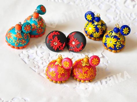 Fully hand made polymer clay jhumkas Hrithika The Clay Boutique Diwali Polymer Clay Earrings, Polymer Clay Jhumkas, Polymer Creations, Clay Embroidery, Clay Model, Terracotta Earrings, Silk Thread Jewelry, Terracotta Jewellery, Polymer Clay Canes