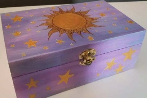 Look Up At The Stars, Wooden Box Crafts, Divination Witch, Witch Altar, Hand Painted Wooden Box, Painted Wooden Boxes, Painted Jewelry Boxes, Office Pictures, Jewelry Box Diy