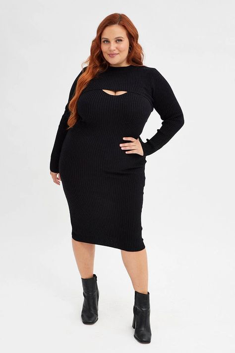 Black Knit Dress Midi Rib with Shrug | You & All Grey Knitted Dress, Knitted Dress Outfit, Grey Knit Dress, Plus Size Work, Black Knit Dress, Plus Size Black, Dress Clothes, Knitted Dress, Dress Midi