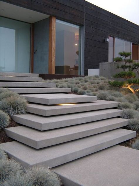 Inspiration for floating concrete stairs |  Grounded Landscape Architecture Moderne Have, Exterior Stairs, Concrete Stairs, Floating Stairs, Outdoor Steps, Modern Landscape Design, Outdoor Stairs, Concrete Steps, Casa Exterior