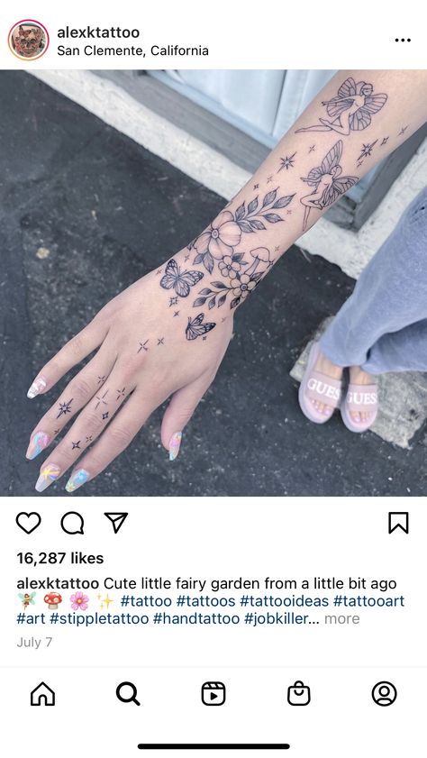 Garden Forearm Tattoo, Whimsical Disney Tattoo, Garden Fairy Tattoo Sleeve, Cottagecore Arm Tattoo, Whimsical Tattoo Sleeve Ideas, Whimsical Tattoo Arm Sleeve, Fairy Shoulder Tattoo For Women, Feminine Tattoos Black And Grey, Arm Wrap Around Tattoos For Women