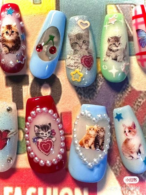 Cat Nail Art, Cat Nail, Nail Art Stickers Decals, Smink Inspiration, Really Cute Nails, Pretty Gel Nails, Cat Nails, Kawaii Cartoon, Kawaii Nails