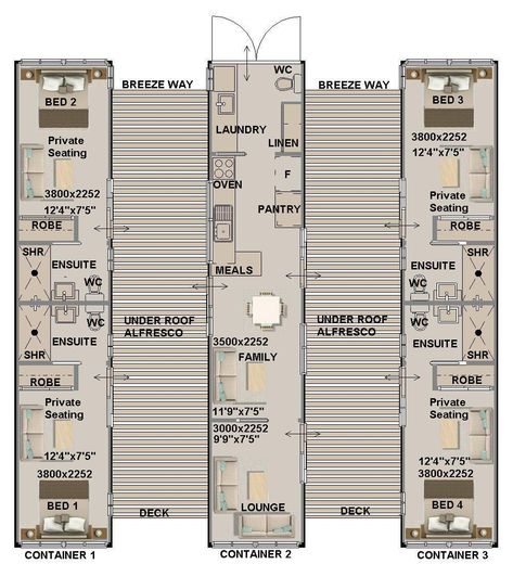 4 Bedroom Shipping Container Home | Full Concept + Permit House Plans | 2 Bed + 4 Bathroom ship container home plans- feet & Inches | Metric / Blueprint PDF ----------------------------------- Low Cost Affordable Container Home House Plans Full Concept + Permit House Plans - Shipping Container Home Design: 3 x 40 Foot Container Home Play it safe with our low cost plans with copyright release. - 4 Bedroom Container Home Designs - 4 Bathrooms - 2 Living Areas - Kitchen + Meals AREA - Alfresco unde Cottage Container Home, Container House 4 Bedroom, 8x40 Shipping Container Floor Plan, Cargo House Shipping Containers, 2 Story Container House Floor Plans, Conex House Plans, 4 Bedroom Container Home, Shipping Container Homes Plans Layout 4 Bedroom, New House Plans One Level