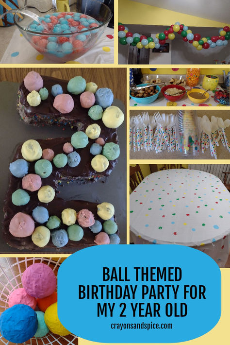 Picture of ball shaped pinatas, a ball themed cake, colorful ball ice cubes, a balloon garland, ball shaped food, polka dot silverware and cups, and a polka dot tablecloth Ball Themed Second Birthday, Ball Themed Food, Ball Themed Cake, Ball Themed Birthday Party, Themed Birthday Party Ideas, Bouncy Ball, Ball Birthday, Ball Party, Themed Birthday Cakes