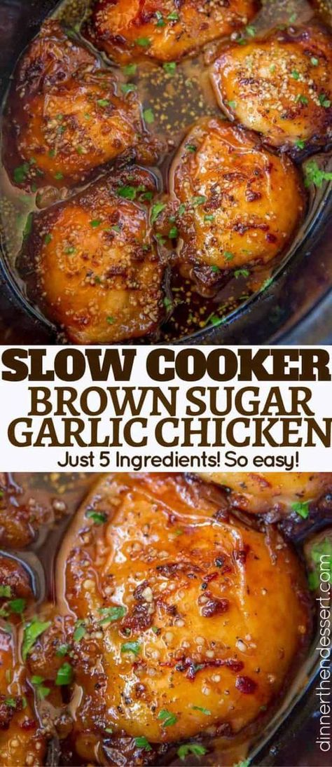 Slow Cooker Brown Sugar Garlic Chicken made with just five ingredients from your pantry, you can set it in minutes and have the perfect weeknight meal! Brown Sugar Garlic Chicken, Crockpot Lasagna, Easy Crockpot Dinners, Crockpot Dishes, Chicken Slow Cooker Recipes, Think Food, Kielbasa, Crockpot Recipes Slow Cooker, Dinner Recipes Crockpot