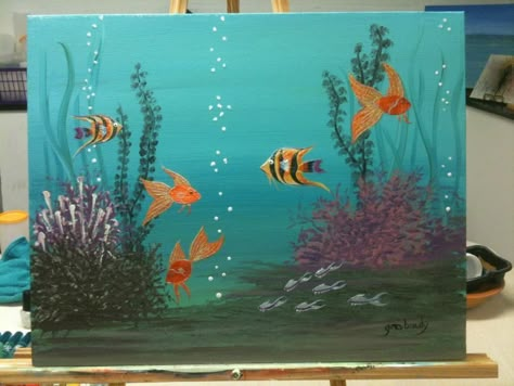 Aquarium for Amanda B.  acrylics and nail lacquer. Fish Aquarium Painting, Aquarium Painting Ideas, Aquarium Painting Acrylic, Fish Aquarium Drawing, Aquarium Painting, Aquarium Drawing, Sea Art Painting, Baby Room Paintings, Black Canvas Art