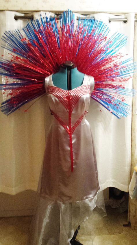 Fireworks costume I made for a pageant contestant. Firecracker Costume, Firework Costume, Fireworks Costume, Fourth Of July Costume Ideas, Firework Headband, Red White And Blue Pageant Wear, 4th Of July Parade, Headpiece Diy, Xmas Deco