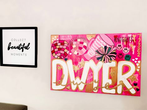 Preppy Disco Ball Painting, Preppy Name Painting, Cheer Paintings Ideas, Senior Painting Ideas, Cheer Painting, College Dorm Paintings, Painting Preppy, Dorm Things, College Canvas Art