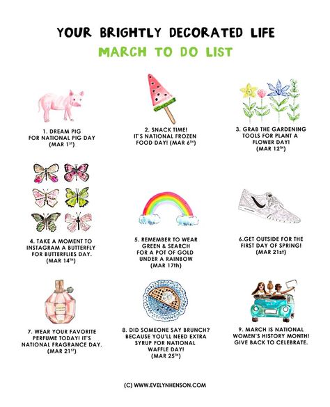 Evelyn Henson illustration March To Do List, March List, March Bucket List, Month Bullet Journal, March Goals, To Do List Monthly, National Pig Day, Evelyn Henson, Sailboat Interior