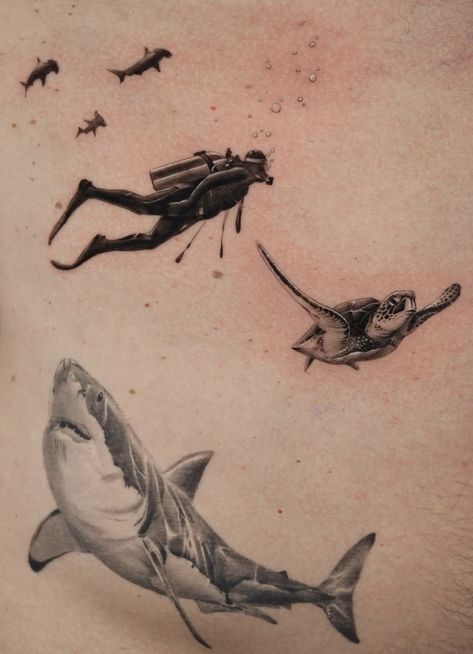 Diver Tattoos, Scuba Tattoo For Women, Scuba Diving Tattoo For Men, Shark And Diver Tattoo, Small Scuba Tattoo, Scuba Diver Tattoo Ideas, Marine Animal Tattoo, Simple Scuba Diver Tattoo, Ocean Tattoo Sleeve