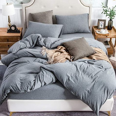 Amazon.com: PURE ERA Jersey Knit Duvet Cover Set 100% T-Shirt Cotton Super Soft Comfy, Heathered Blueish Grey King, with Zipper Closure (3pc Bedding Set, 1 Duvet Cover + 2 Pillow Shams) : Home & Kitchen Cozy Sheets, Grey Sheets, Blue Comforter, Cosy House, King Size Duvet Covers, Home Bedding, High Quality Bedding, Premium Bedding, Soft Bedding