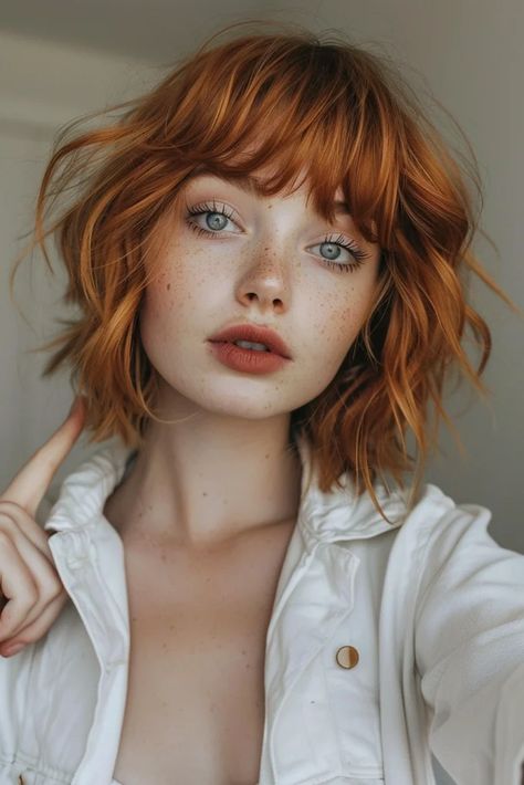 30 Best Bob Hairstyles For Fine Hair You Need To Try - Pinch Of Glam Short Copper Hair With Bangs, Red Hair With Blonde Bangs, Copper Bob With Bangs, Copper Bob Hair, Short Copper Hair, Copper Bob, Cortes Bob, Hairstyles For Fine Hair, Modern Short Hairstyles