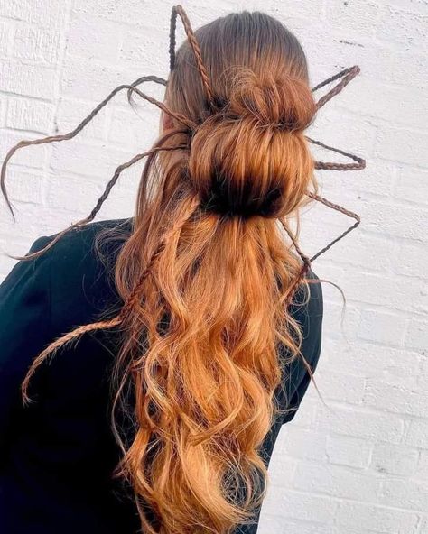 Crazy Hair Day Spider Web, Halloween Hair Updos, Halloween Updos Hairstyles, Halloween Updos, Spider Hairstyle, Easy Halloween Hair, Halloween Hairstyles For Women, Spooky Hairstyles, Themed Hairstyles