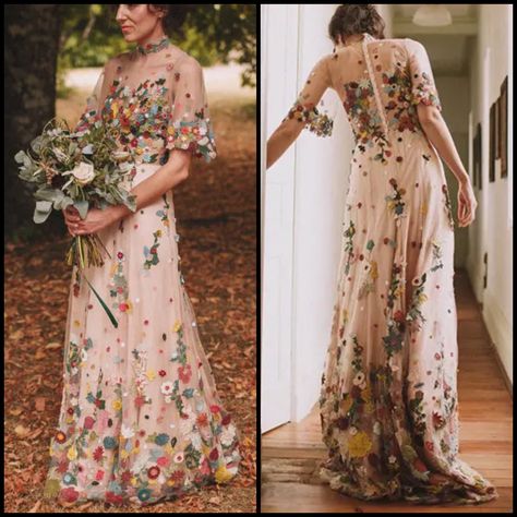 Plant Wedding Dress, Colorful Embroidered Wedding Dress, Embroidered Wedding Dress Colorful, Long Sleeve Embroidered Floral Wedding Dress, Colorful Floral Embroidered Wedding Dress, Puyan Saheb Djavaher, Plant Embroidered Wedding Dress, Wildflower Wedding Dress, Boho Wedding Dress Embroidered Flowers