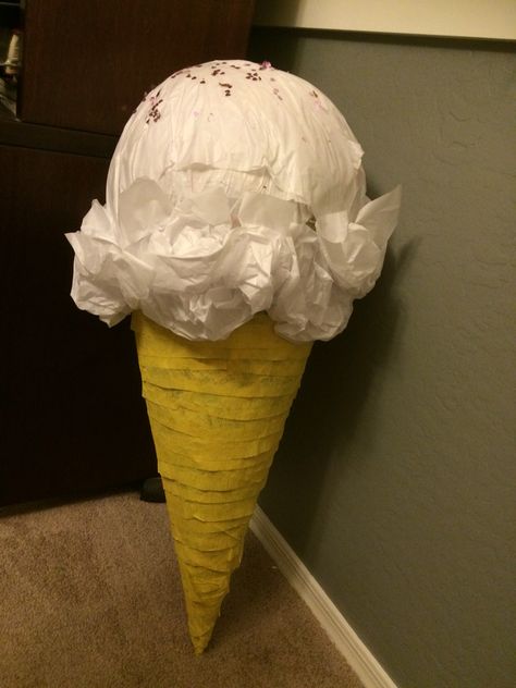 Ice cream cone piñata! Made with poster board, punching balloon and paper mache. Paper Mache Cupcake, Paper Mache Ice Cream Cone, Paper Mache Ice Cream, Ice Cream Ideas, Ice Cream Parlor Party, Craft Ice Cream, Cool Crafts For Kids, Pinata Ideas, Decorating Pumpkins