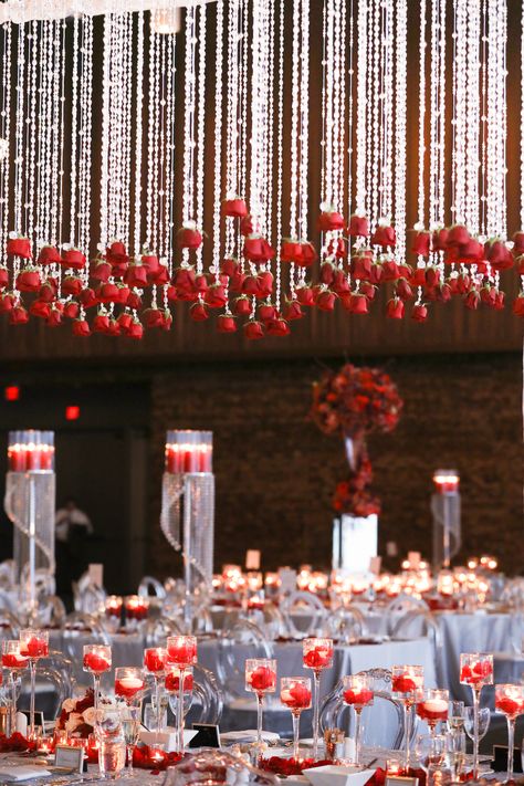 Red And Crystal Wedding Theme, Hanging Red Roses, Red And Gold Decorations, Candles And Crystals, Gothic Masquerade, Crystal Centerpieces Wedding, Red Roses Centerpieces, Red Ceiling, Tuscan Inspired Wedding