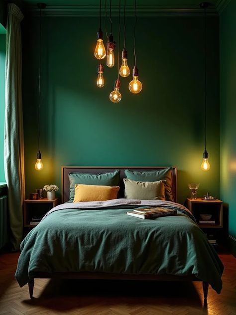 Dramatic emerald green bedroom illuminated by vintage Edison bulbs Emerald Bedroom Ideas, Emerald Green Bedroom, Emerald Bedroom, Emerald Green Bedrooms, Edison Bulbs, Vintage Edison Bulbs, Emerald Green Color, Green Bedroom, Woman Bedroom