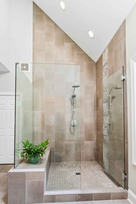 Shower Vaulted Ceiling, Bathroom With Vaulted Ceiling, Vaulted Ceiling Bathroom, Ceiling Bathroom, Master Shower, Bathroom Ceiling, Bathroom Update, Vaulted Ceiling, Vaulting