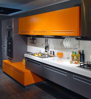 Colorful Kitchen Decor, Kitchen Design Color, Kitchen Modular, Kabinet Dapur, Kitchen Interiors, Colorful Kitchen, Orange Kitchen, Best Kitchen Designs, Contemporary Kitchen Design