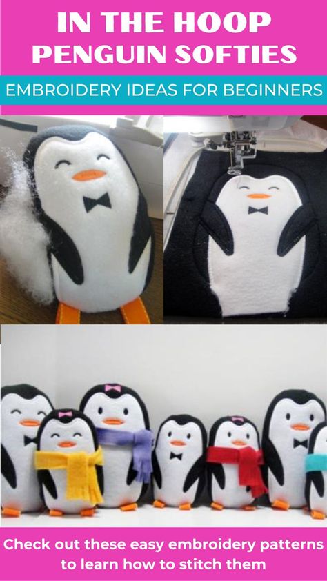 If you're looking for a fun and unique project to create with your embroidery machine, consider making in-the-hoop (ITH) penguin softies! These cute and cuddly stuffed animals can be made entirely in the hoop of an embroidery machine and customized with your own fabric and color choices. Ith Stuffed Animals, 4x4 In The Hoop Embroidery Projects Free, Machine Embroidery Projects To Sell, In The Hoop Embroidery Projects Free, In The Hoop Embroidery Projects, Ith Machine Embroidery Projects, Ith Embroidery Projects, Machine Embroidery In The Hoop, In The Hoop Projects