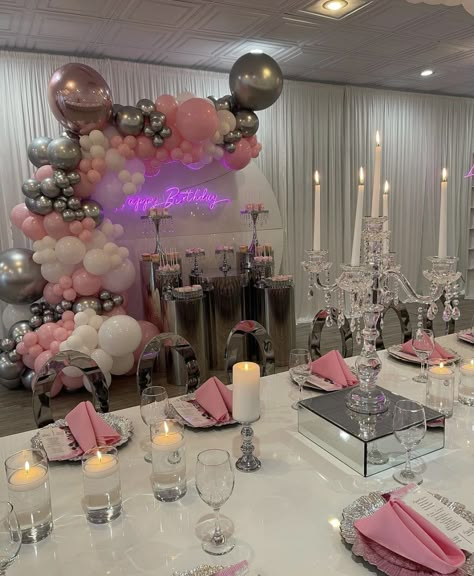 16 Birthday Dinner Ideas, Pink Sneaker Ball Party, Pink White And Silver Sweet 16 Decorations, Sweet 16 Party Ideas Pink And Silver, Sweet 16 Set Up, Sweet 16 Decorations On A Budget, Sweet 16 Sneaker Ball Party Ideas, Party Color Themes, Baddie Birthday Ideas