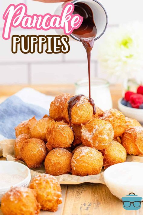 Pancake Hush Puppies Recipe, Dessert Hush Puppies Recipe, Puff Pancake Recipe Breakfast, Desserts Made With Pancake Batter, Fun Pancake Ideas, Recipes Using Pancake Mix Breakfast, Pancake Mix Dessert Recipes, Pancake Mix Recipe Ideas Breakfast, What To Make With Pancake Mix Ideas