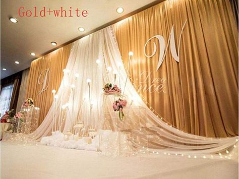 Amazon.com: Eyestar 20x10ft Luxury Wedding Stage Silk Backdrop Background Curtains with Beauty Yarn Gauze Decoration (Gold+White): Home & Kitchen Silk Backdrop, Satin Curtains, Birthday Props, Dream Wedding Decorations, Marriage Decoration, Celebration Background, Stage Decorations, Flower Lights, Wedding Background