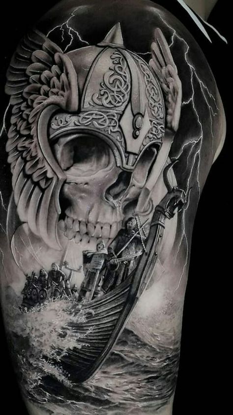 Viking Helmet Tattoo, Viking Skull Art, Viking Ship Tattoo, Berserker Tattoo, Viking Tattoos For Men, Traditional Viking Tattoos, Chest Tattoo Drawings, Viking Warrior Tattoos, Warrior Tattoo Sleeve