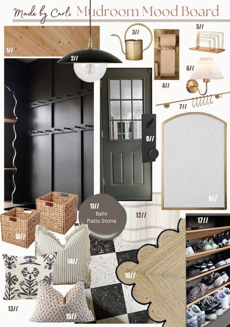 Moody Mudroom Mood Board - Made by Carli Moody Mudroom Laundry Room, Moody Mud Room, Moody Green Mudroom, Moody Mudroom Ideas, Laundry Room Moody, Moody Drop Zone, Moody Mudroom, Window Shelves, Plank Ceiling