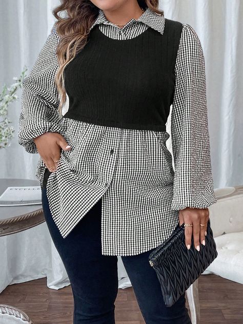 Black and White Casual Collar Long Sleeve Woven Fabric Colorblock,Gingham,Plaid,Striped  Embellished Slight Stretch  Women Plus Clothing Lantern Sleeve Top, Collared Top, Stylish Work Outfits, Collar Top, Fall Style, Women Clothes, Plus Size Blouses, White Casual, Kids Sleepwear