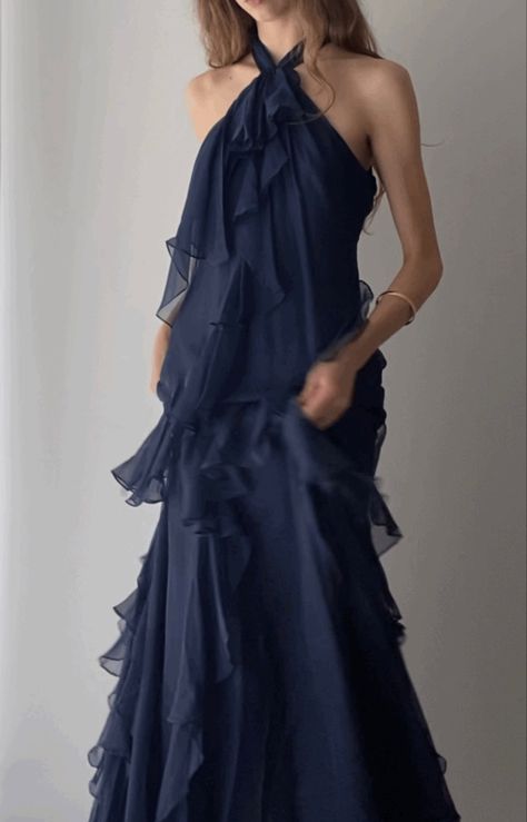 Prom Dress Waterfall, Blue Dress With Ruffles, Navy Blue Maxi Dress Outfit, Navy Blue Dress Aesthetic, Dark Blue Flowy Dress, Weird Prom Dress, Navy Blue Prom Dress Long, Blue Navy Dress, Navy Blue Silk Dress