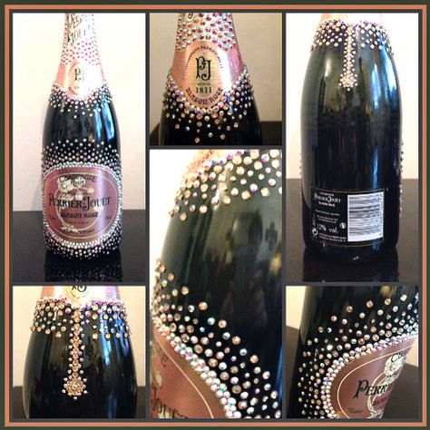 Perrier Jouet Blason Rose Champagne Bottle decorated with various coloured crystals Decorated Champagne Bottles Birthday, Pearl Champagne Bottle, Rhinestone Bottle Alcohol, Bling Moet Bottle, Badazzel Liquor Bottles, Bedazzled Liquor Bottles, Bedazzled Bottle, Alcohol Bottle Crafts, Decorated Liquor Bottles